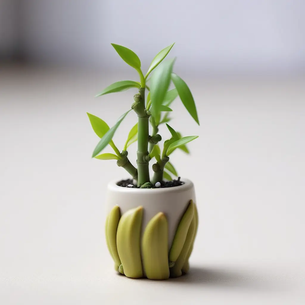 cute mini Lucky Bamboo plant in a pot, white background, depth of field f2.8 3.5, 50mm lens 